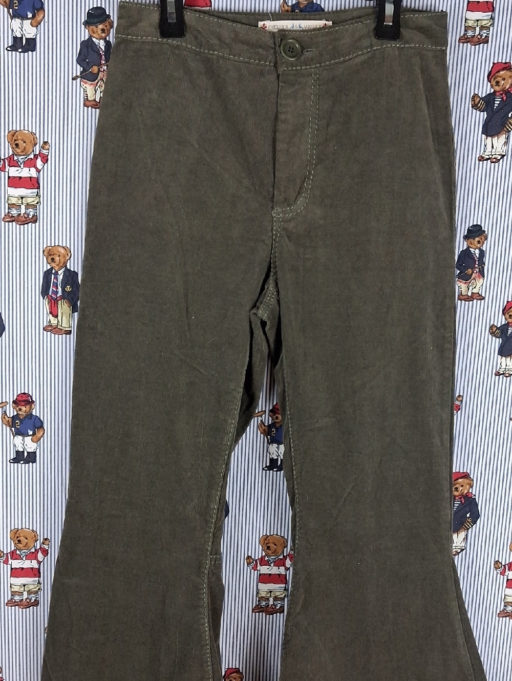 Women's High Rise Fitted Corduroy Big Bell Flare Out Olive Green Boho Pants Sz26 - Picture 1 of 7